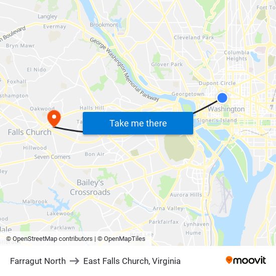 Farragut North to East Falls Church, Virginia map