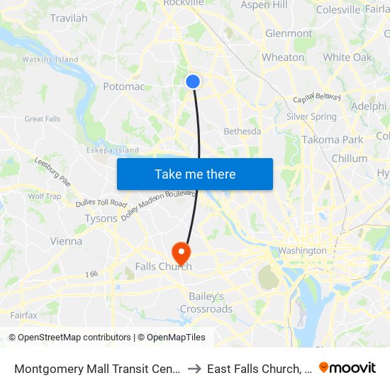 Montgomery Mall Transit Center & Bay D to East Falls Church, Virginia map