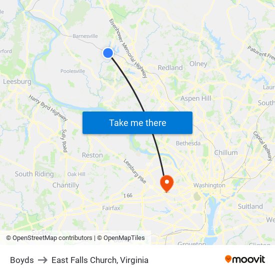 Boyds to East Falls Church, Virginia map