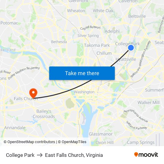 College Park to East Falls Church, Virginia map