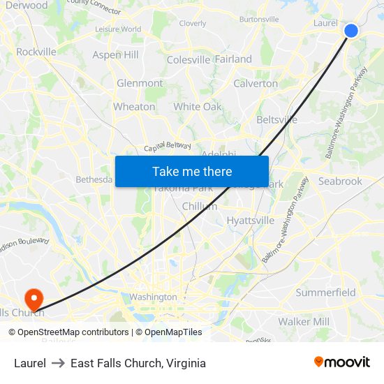 Laurel to East Falls Church, Virginia map
