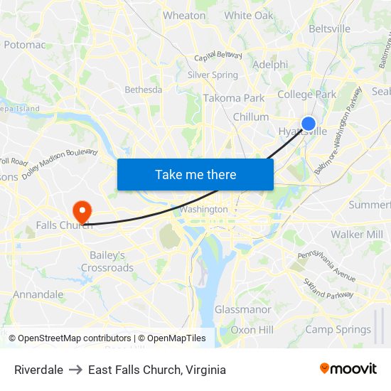 Riverdale to East Falls Church, Virginia map