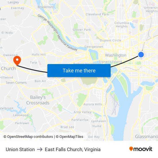 Union Station to East Falls Church, Virginia map