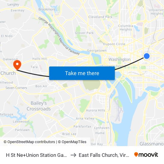 H St Ne+Union Station Garage to East Falls Church, Virginia map