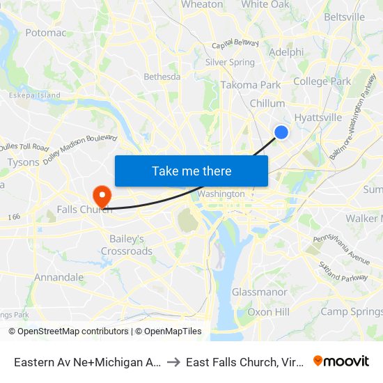 Eastern Av Ne+Michigan Av NE to East Falls Church, Virginia map