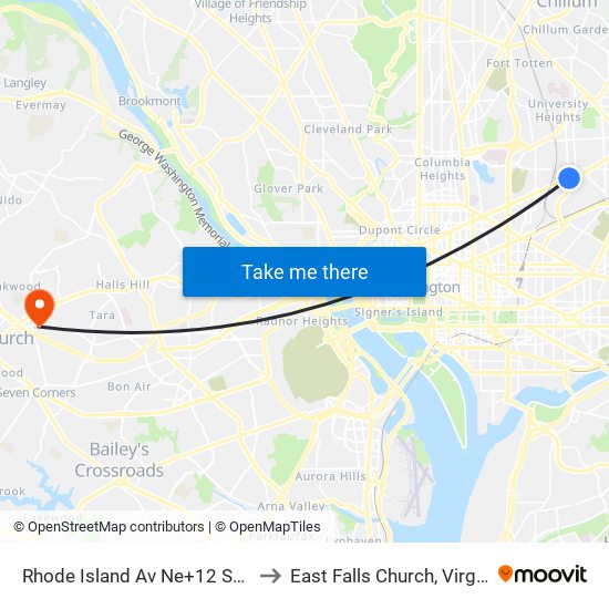 Rhode Island Av Ne+12 St NE to East Falls Church, Virginia map