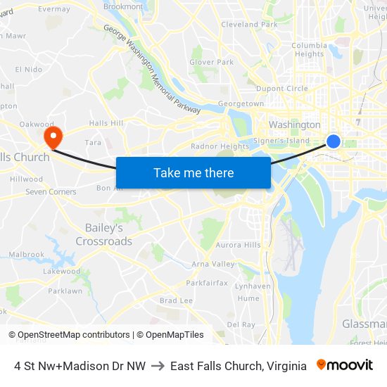 4 St Nw+Madison Dr NW to East Falls Church, Virginia map