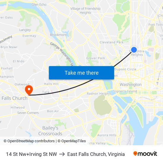 14 St Nw+Irving St NW to East Falls Church, Virginia map