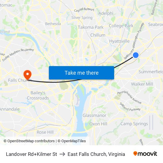 Landover Rd+Kilmer St to East Falls Church, Virginia map