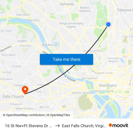 16 St Nw+Ft Stevens Dr NW to East Falls Church, Virginia map