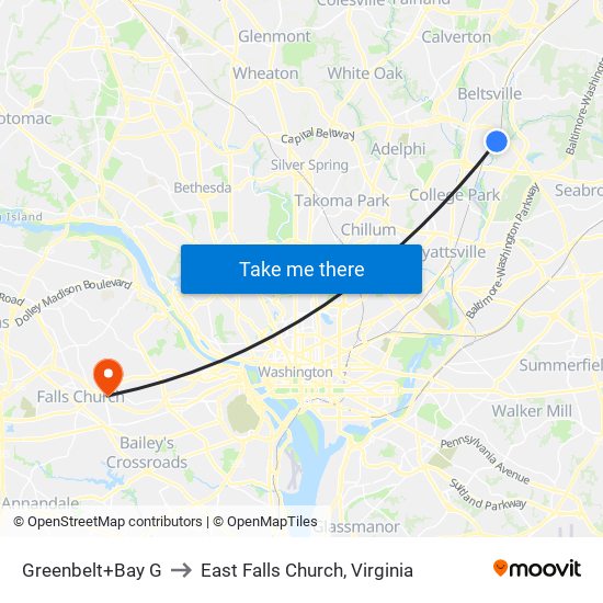 Greenbelt+Bay G to East Falls Church, Virginia map