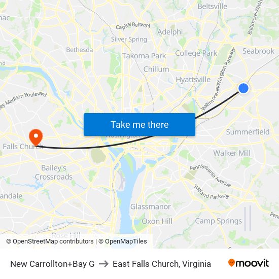 New Carrollton+Bay G to East Falls Church, Virginia map