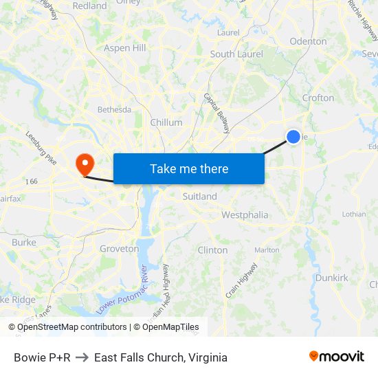 Bowie P+R to East Falls Church, Virginia map