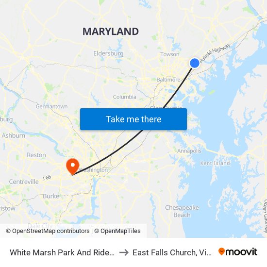 White Marsh Park And Ride Bay 1 to East Falls Church, Virginia map