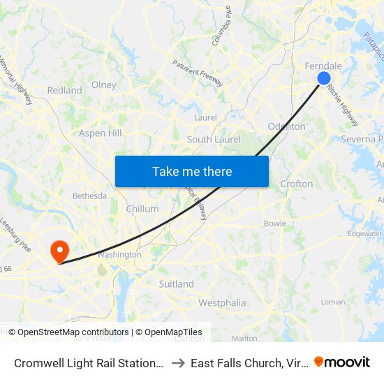 Cromwell Light Rail Station Bay 1 to East Falls Church, Virginia map