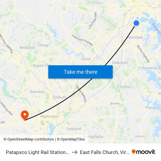 Patapsco Light Rail Station Bay 3 to East Falls Church, Virginia map