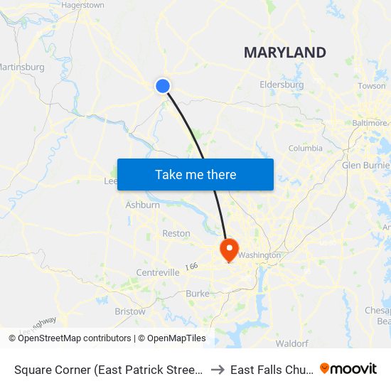 Square Corner (East Patrick Street at North Market Street) to East Falls Church, Virginia map