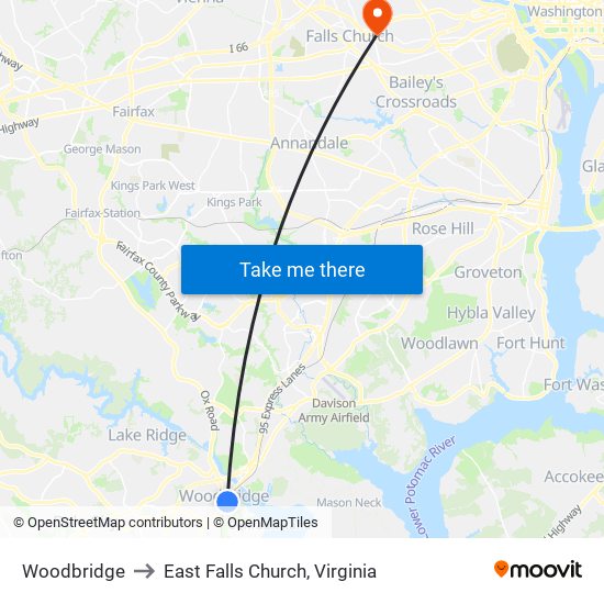 Woodbridge to East Falls Church, Virginia map