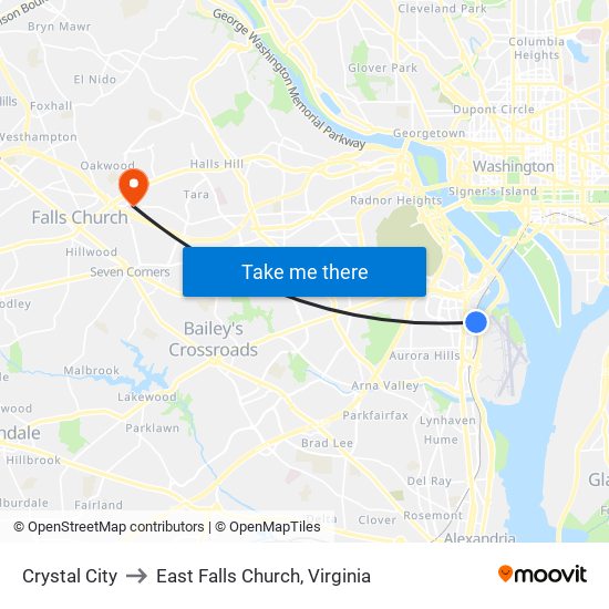 Crystal City to East Falls Church, Virginia map