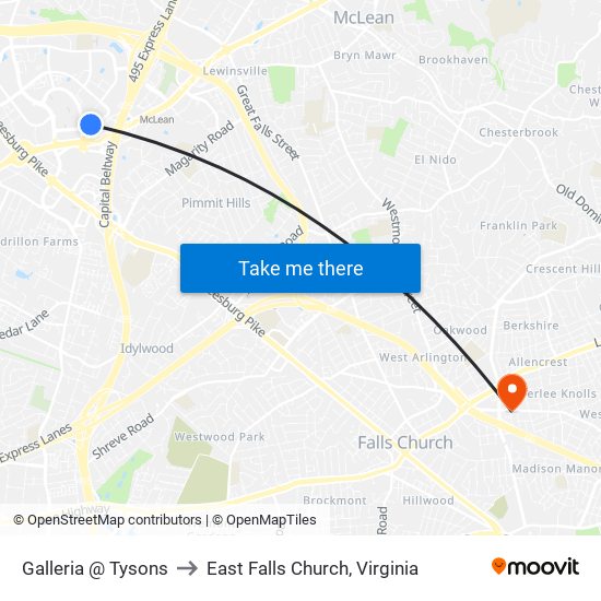 Galleria @ Tysons to East Falls Church, Virginia map