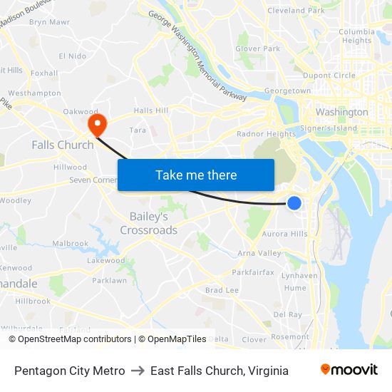 Pentagon City Metro to East Falls Church, Virginia map