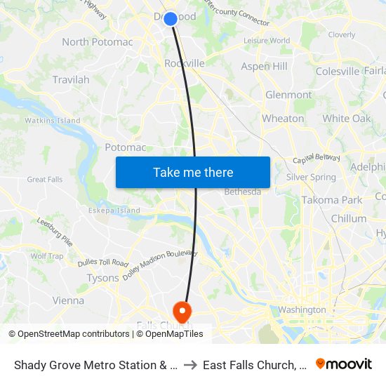 Shady Grove Metro Station & Bus Bay C to East Falls Church, Virginia map