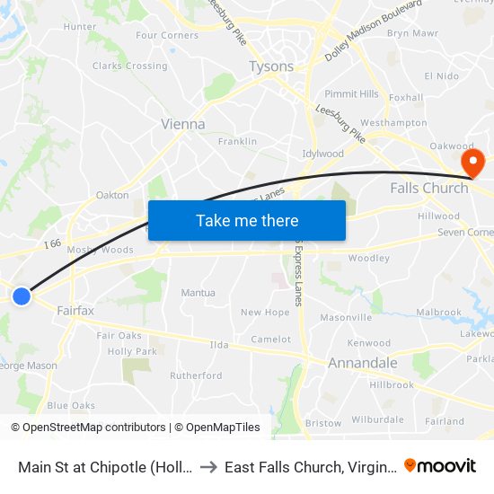 Main St at Chipotle (Holly) to East Falls Church, Virginia map