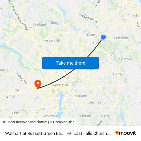 Walmart at Russett Green East - Laurel to East Falls Church, Virginia map