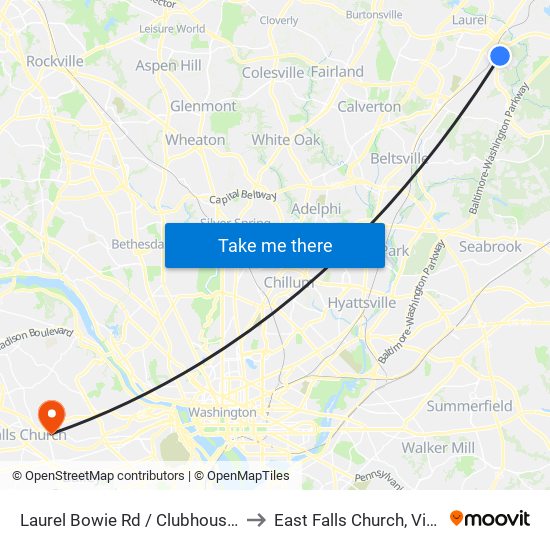 Laurel Bowie Rd / Clubhouse Blvd to East Falls Church, Virginia map