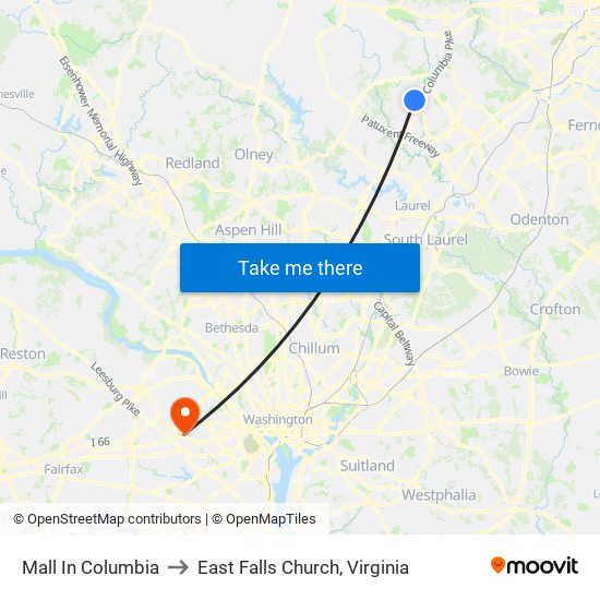 Mall In Columbia to East Falls Church, Virginia map