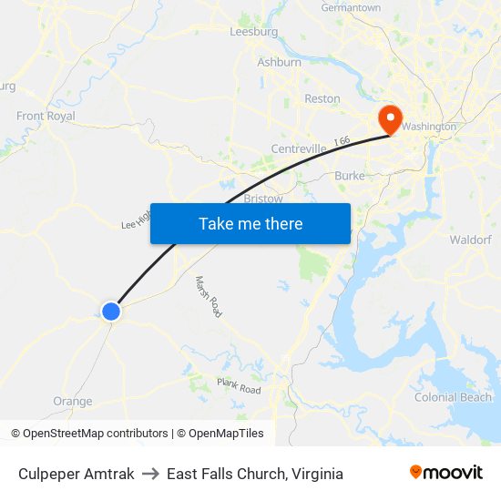 Culpeper Amtrak to East Falls Church, Virginia map