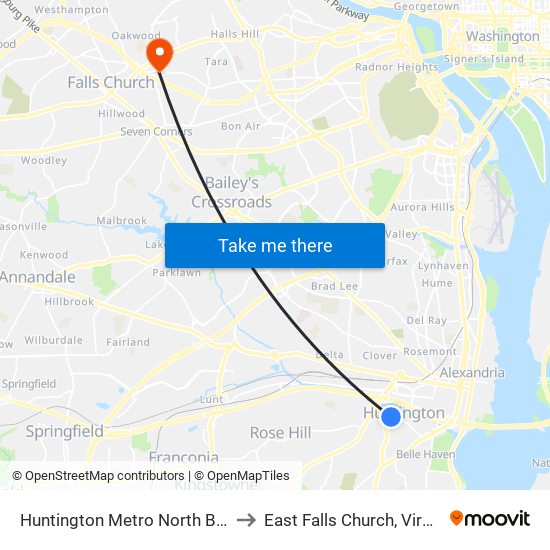 Huntington Metro North Bay C to East Falls Church, Virginia map