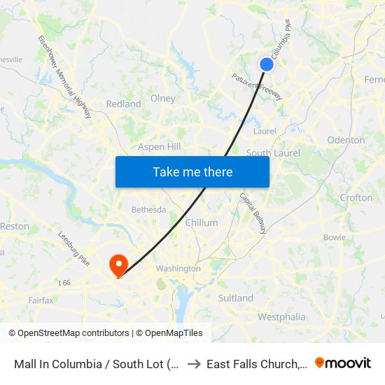 Mall In Columbia / South Lot (Westbound) to East Falls Church, Virginia map