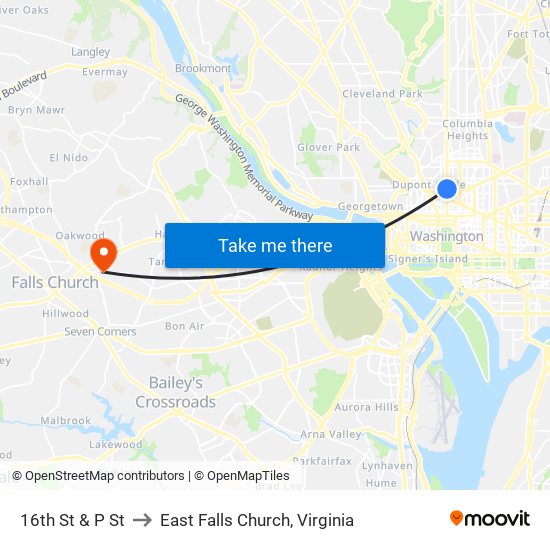 16th St & P St to East Falls Church, Virginia map