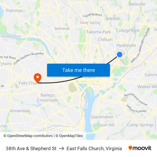 38th Ave & Shepherd St to East Falls Church, Virginia map