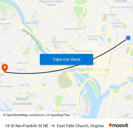 18 St Ne+Franklin St NE to East Falls Church, Virginia map