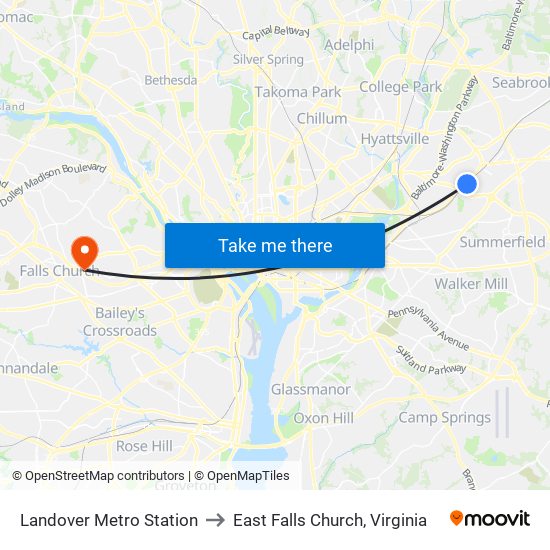 Landover Metro Station to East Falls Church, Virginia map