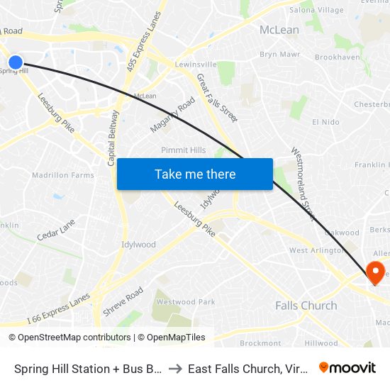 Spring Hill Station + Bus Bay B to East Falls Church, Virginia map