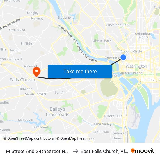 M Street And 24th Street NW (Wb) to East Falls Church, Virginia map