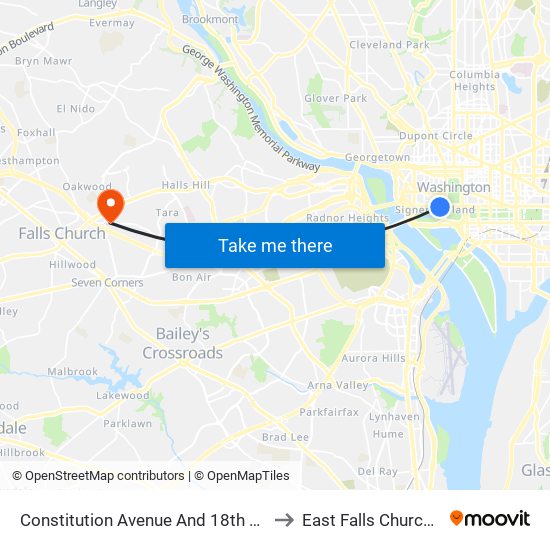 Constitution Avenue And 18th Street NW (Eb) to East Falls Church, Virginia map