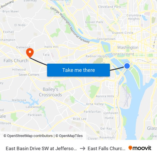 East Basin Drive SW at Jefferson Memorial (Wb) to East Falls Church, Virginia map