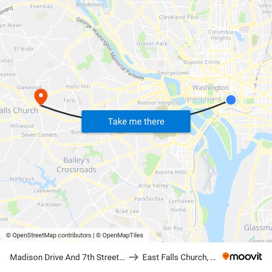 Madison Drive And 7th Street NW (Wb) to East Falls Church, Virginia map