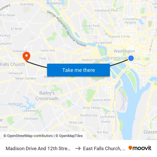 Madison Drive And 12th Street NW (Wb) to East Falls Church, Virginia map