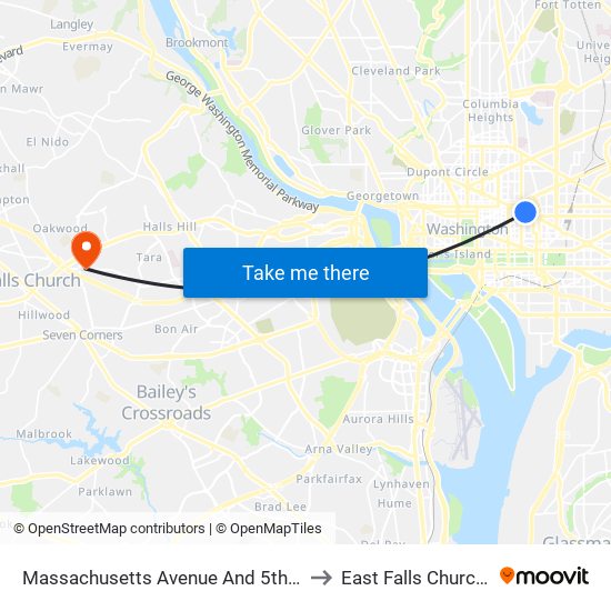 Massachusetts Avenue And 5th Street NW (Wb) to East Falls Church, Virginia map