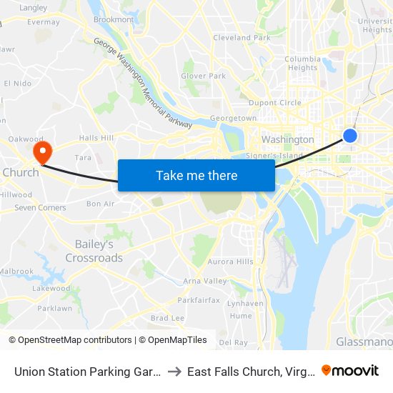 Union Station Parking Garage to East Falls Church, Virginia map