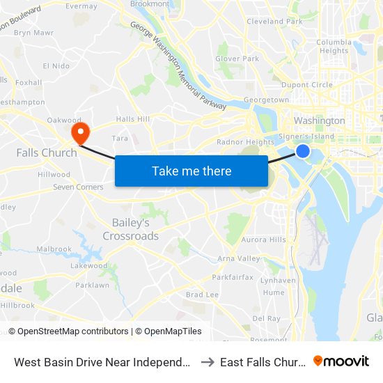 West Basin Drive Near Independence Avenue SW (Nb) to East Falls Church, Virginia map