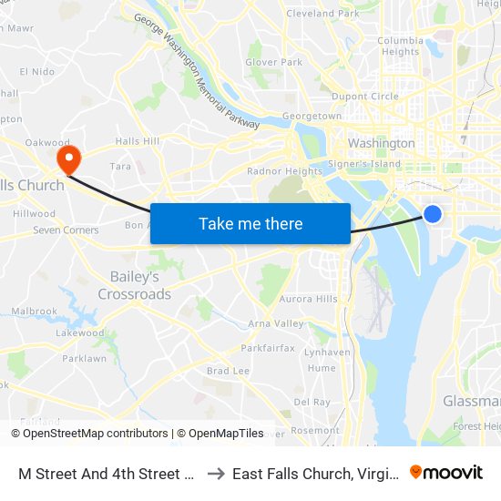 M Street And 4th Street SW to East Falls Church, Virginia map