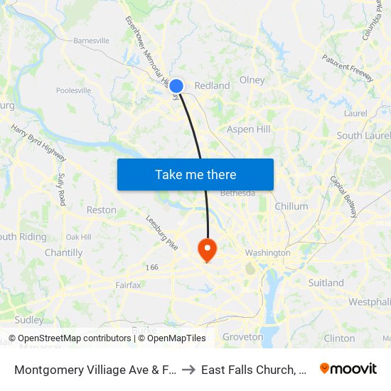 Montgomery Villiage Ave & Frederick to East Falls Church, Virginia map