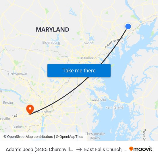 Adam's Jeep (3485 Churchville Rd/Rt 22) to East Falls Church, Virginia map