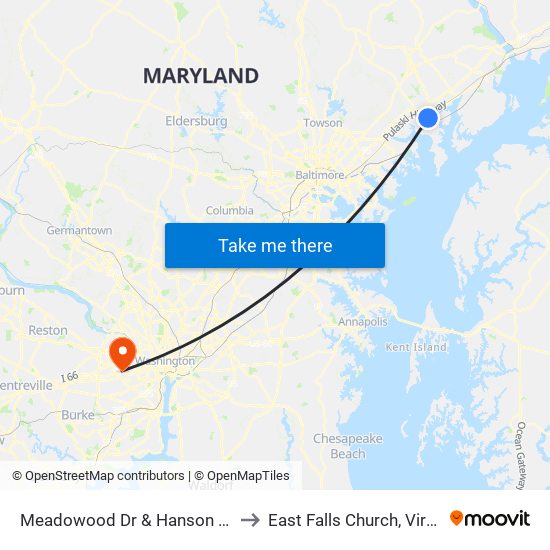 Meadowood Dr & Hanson Road to East Falls Church, Virginia map